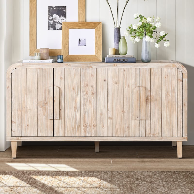 GDFStudio - Sophia Vintage Farmhouse 59'' Curved Storage Sideboard with Adjustable Shelves - Antique White,Natural Wood Wash