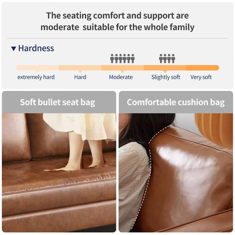 Mid-Century Modern Brown Faux Leather Sofa – 3-Seater Upholstered Couch with Bolster Pillows, Tufted Seat, and Solid Wood Frame