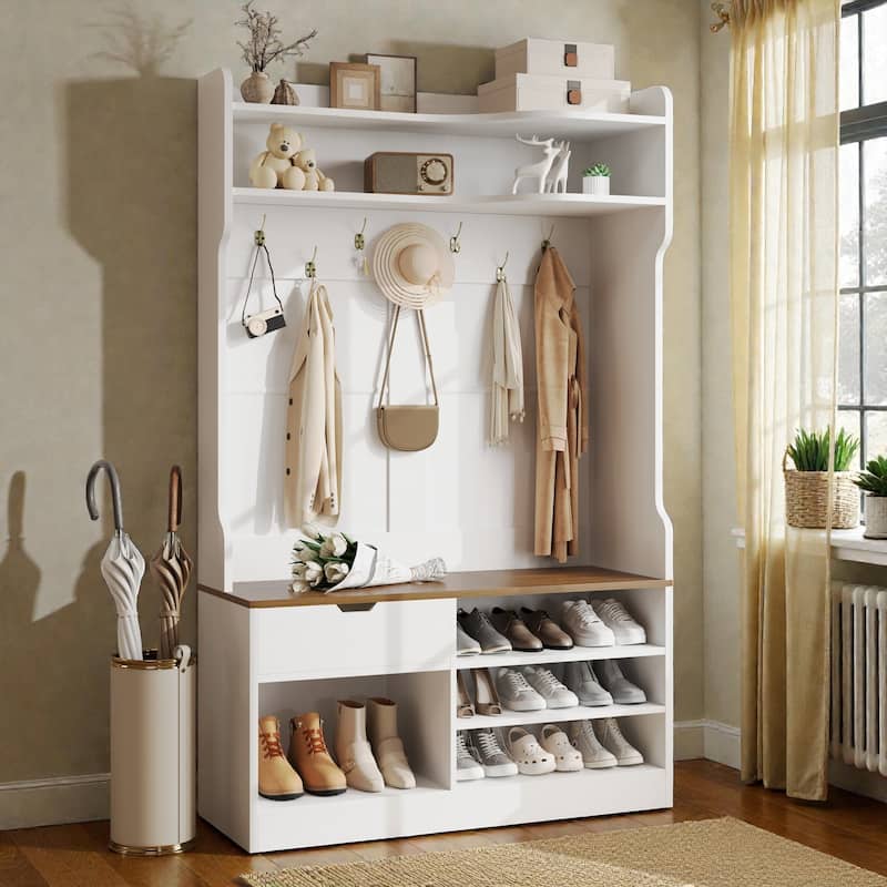 Hall Tree with Bench and Shoe Storage, 5 in 1 Entryway Organizer with Flip Shoe Cabinet, Hooks and Drawer - White