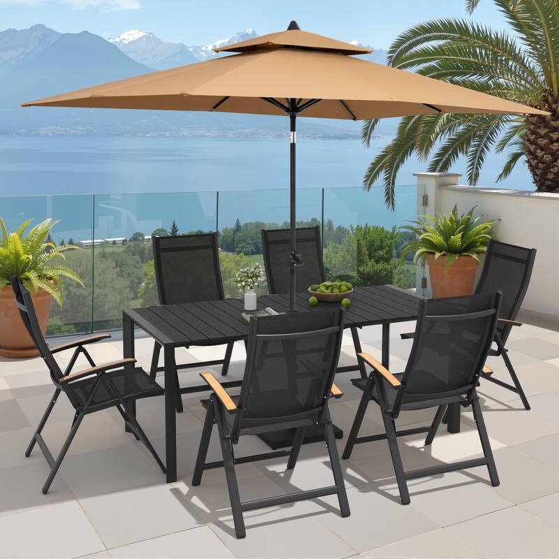 9/11-Piece Outdoor Patio Dining Set Aluminum Dining Table and Chairs w/10 ft Market Umbrella and Base - Set of 9 - Black Table with Tan Umbrella