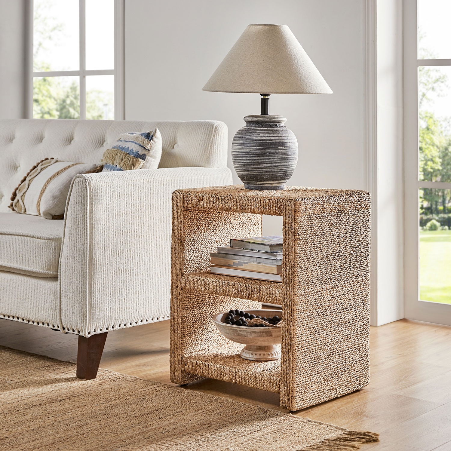 HULALA HOME Dominik Farmhouse 24"H Woven Grass Rope Side End Table with Two Open Shelves