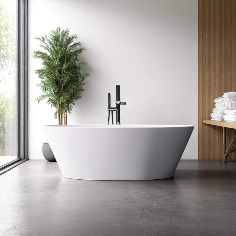 KISRAIS 67" X 33.5" Freestanding Soaking Solid Surface Artificial Stone Bathtub - White