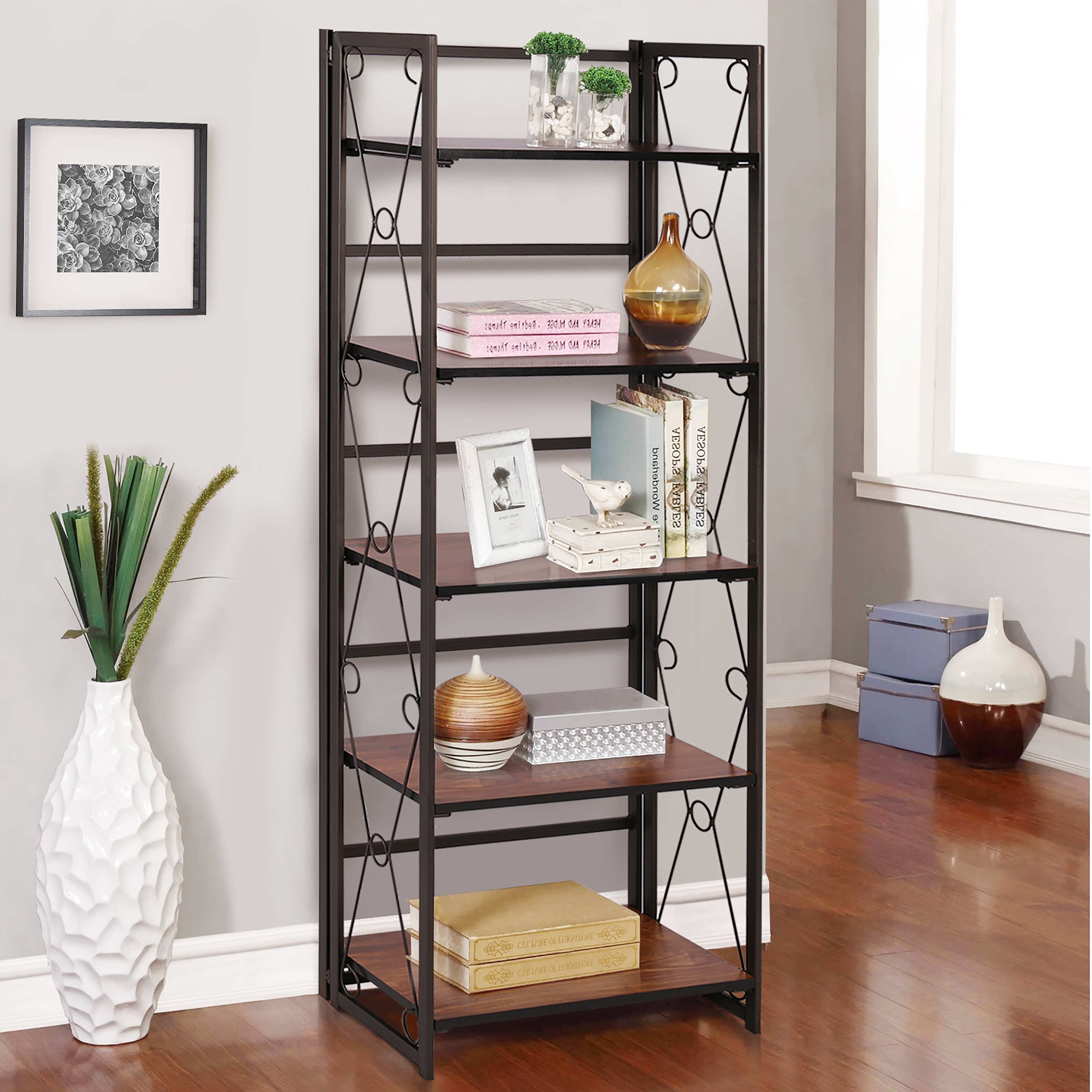 Shop Vecelo 5 Tier Sturdy Metal And Wood Rustic Bookshelf Coffee Overstock 31287943