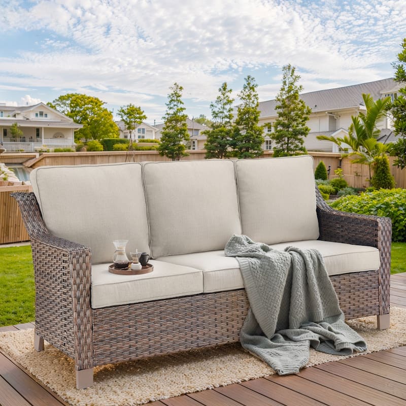Outdoor Rattan Sofa for Porch Yard - Brown - Beige - Brown