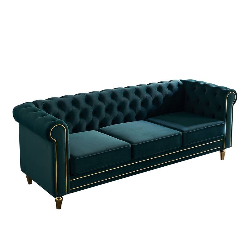 Modern Chesterfield Couch with Button Tufting, High-Density Foam & Gold Accents - 85'' Wide
