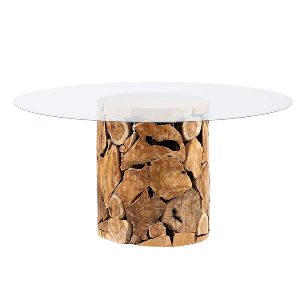Scarlett Round Natural Teak Root Pedestal Base Glass Top Dining Table, Medium Brown