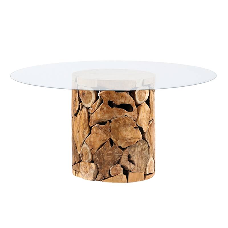 Scarlett Round Natural Teak Root Pedestal Base Glass Top Dining Table, Medium Brown - Brown