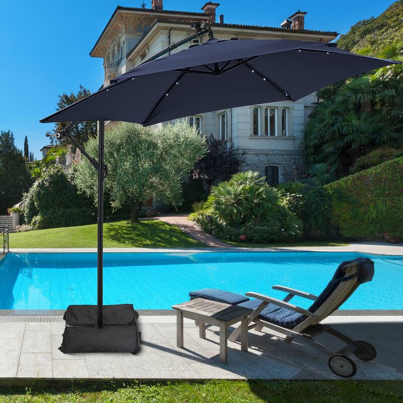 Ainfox 10 ft. Patio Offset Solar LED Umbrellas Cantilever Outside Umbrellas with Base