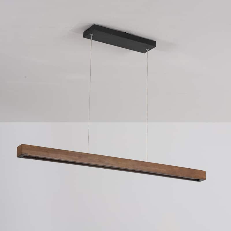 25-Watt Modern Brown Long Linear Walnut Wood Integrated LED Island Chandelier for Kitchen, Dining Room