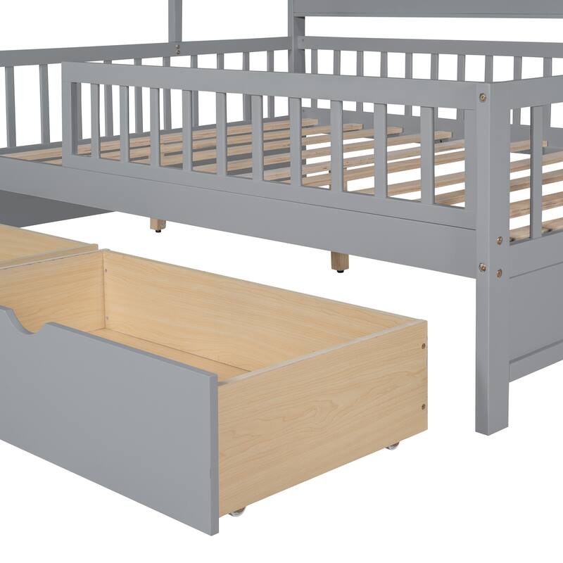 Pine House Bed with Drawers, Shelf & Guardrail