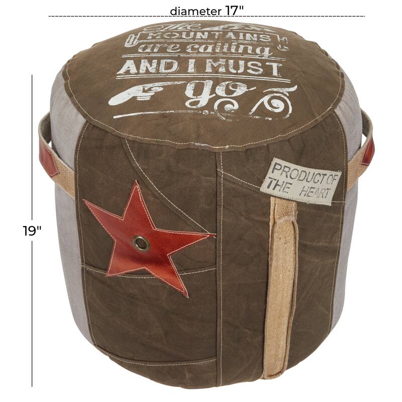 Brown Canvas Pouf with Leather Accents