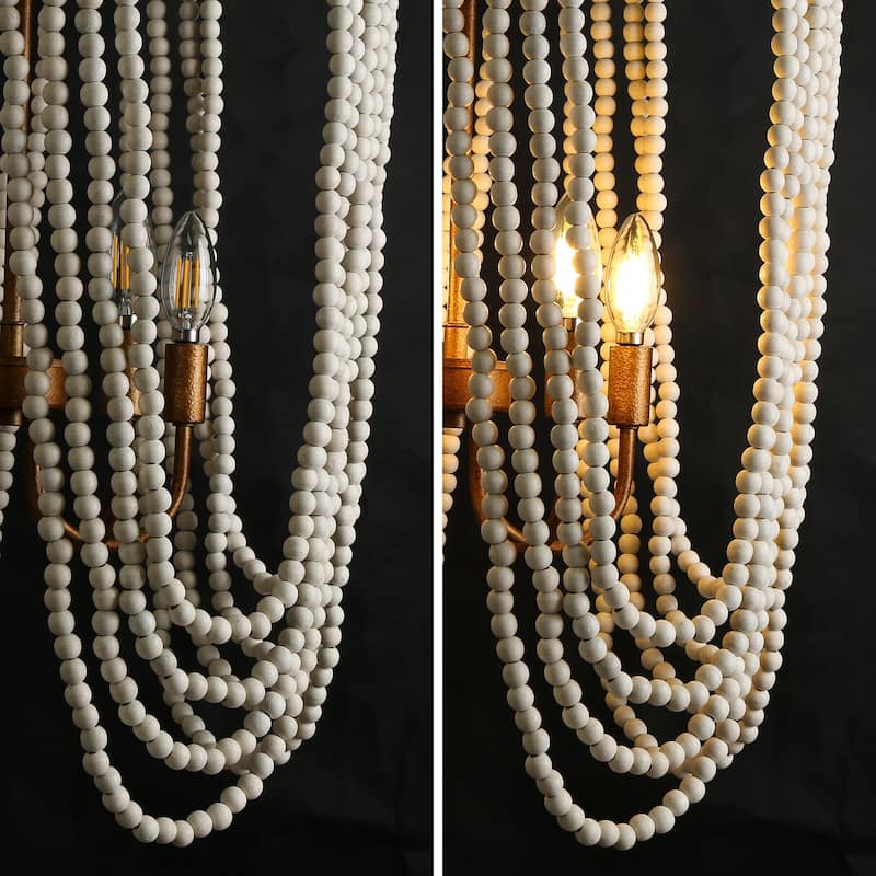 Renia Farmhouse Large 37.7inch 4-light Wood Beads Coastal Chandelier Antique Gold Light for Dining Room Bedroom Entryway
