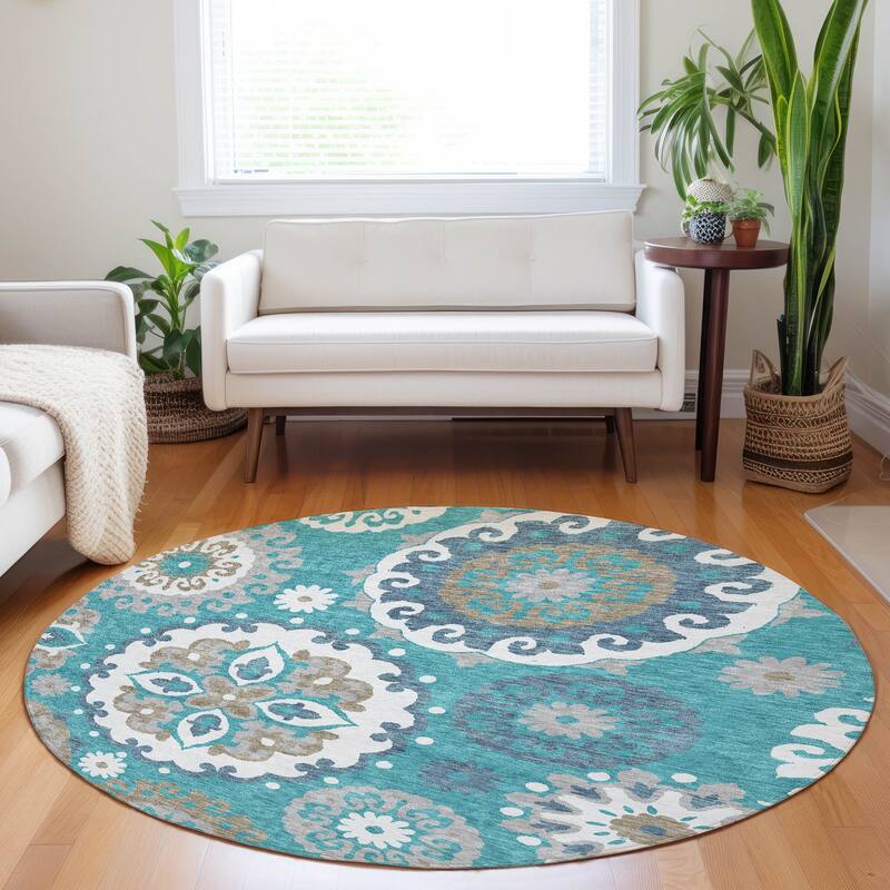 Premium Washable Super Soft Boho Suzani Mayfield Rug - Teal - 8' x 8' - Round