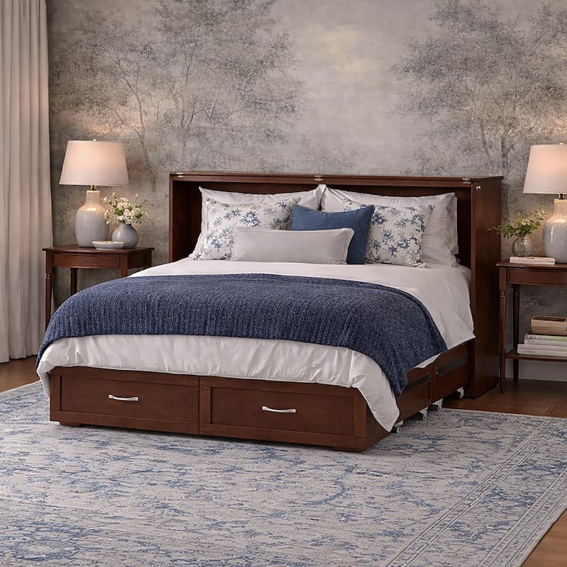 Hamilton Queen Murphy Bed Chest with 6" Mattress, Storage Drawer & Built-In Charger in Walnut