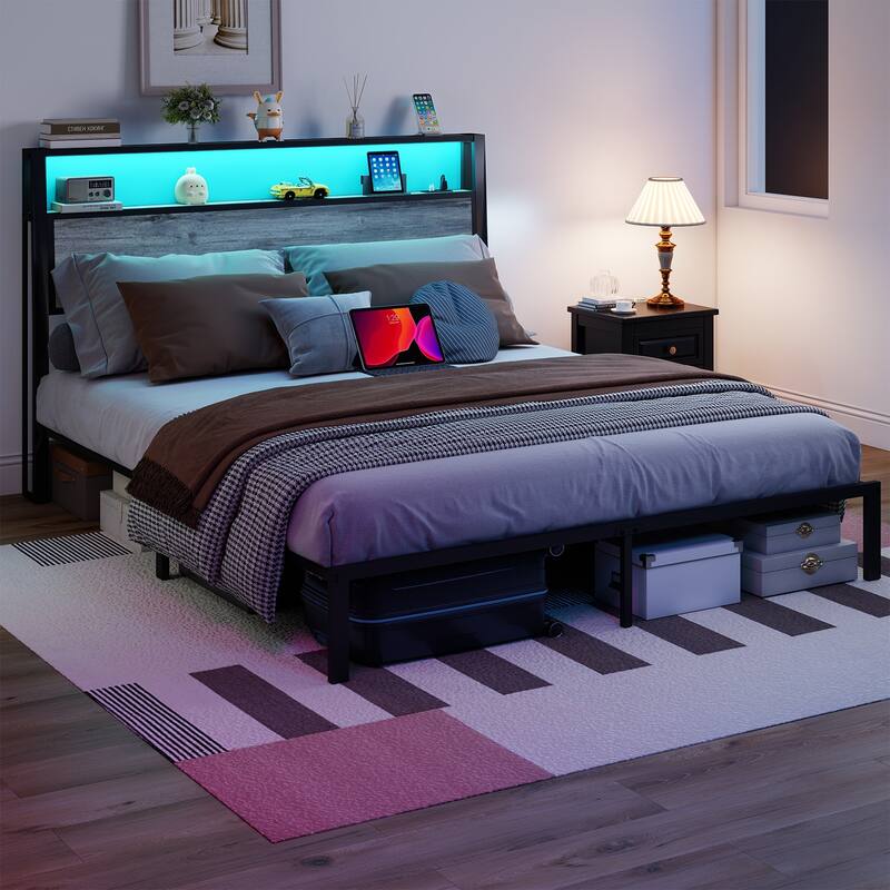 Rustic Grey Metal Bed Frame Platform Bed with Storage Headboard, RGB LED Light & Charging Station