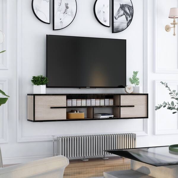 slide 1 of 15, Furniture of America Benedikto Mid-century 63-inch 5-shelf Media Console