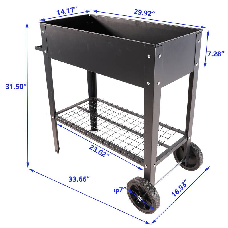 Elevated Rolling Planter - 33" Long Garden Bed, Ergonomic Design, Food-Grade Coating, for Patios, Balconies & Backyard Gardening