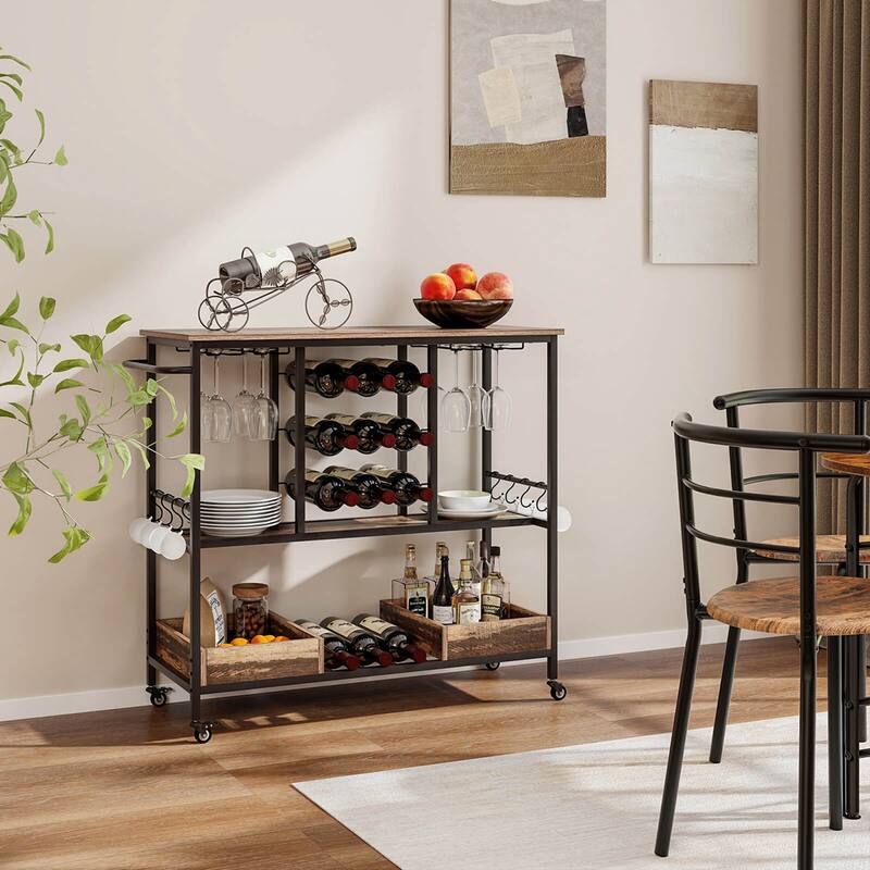 Costway 3 Tiers Bar Cart Home Serving Cart on Wheels with Glass Racks - See Details