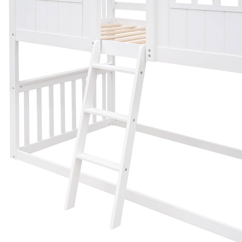 Twin Over Twin Bunk Bed House Shape Design Solid Wood Construction with Ladder