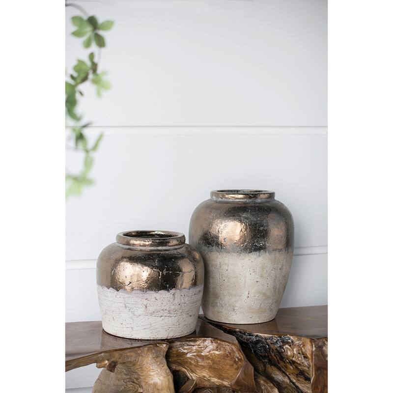 13x13x11" Round Ceramic Vase Distressed Finish with Metallic Sheen