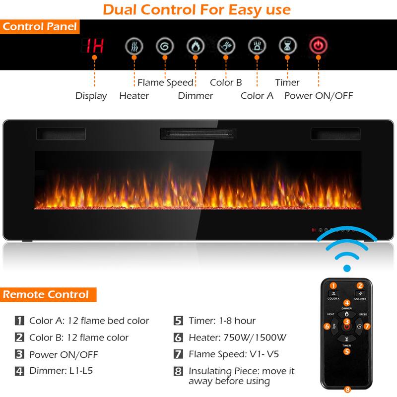 Gymax 60'' Fireplace Electric Recessed Wall Mounted Heater w/ Remote
