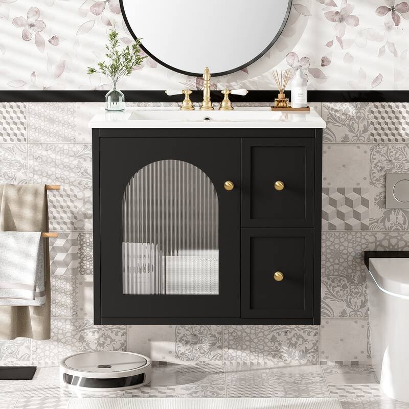 24" Wall Mounted Bathroom Vanity with Ceramic Sink, Floating Bathroom Storage Cabinet with Drawers & Glass Door