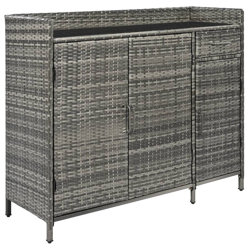 Wicker Storage Cabinet w/Tempered Glass Desktop, Weather-proof Rattan Bar Table, Kitchen Island w/Three Doors, Adjustable Shelf