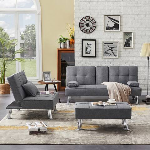 3-in-1 Folding Sofa Bed Sets with 2 Cup Holders and Ottoman