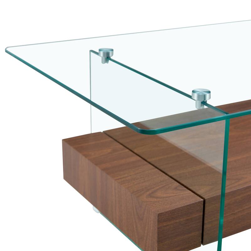 43.3 Inch Double Layer Coffee Table Storage Side Table with Open Storage Shelves, Drawers Glass Center Table End Table