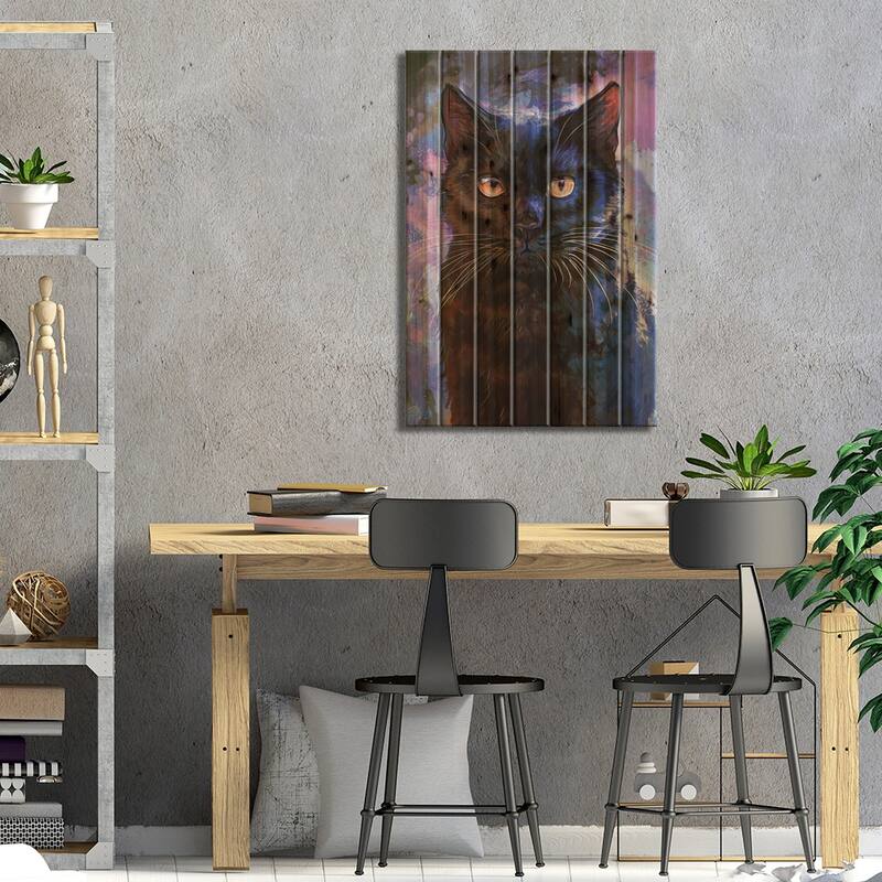 Black Cat Print On Wood by Louise Goalby - Multi-Color