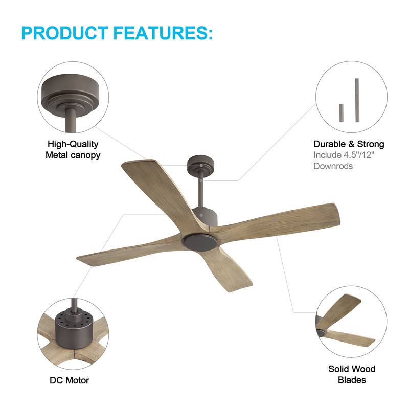 MLiAN 48" DC Motor Indoor Ceiling Fan, 4 Solid Wood Blades...