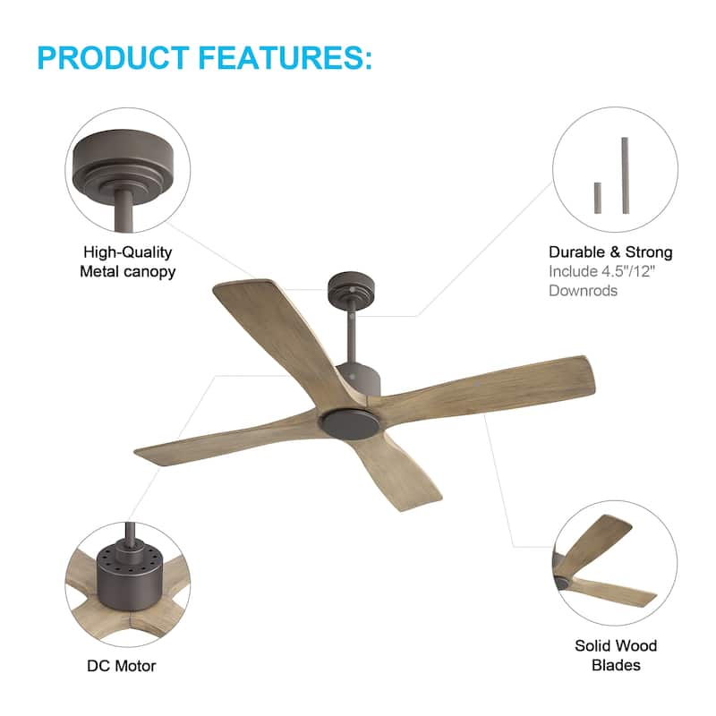 MLiAN 54 inch 4 Soild Wood Blades Indoor Ceiling Fan with Remote - 54 inch