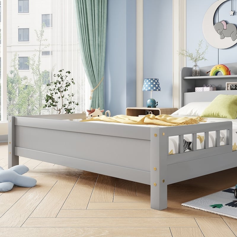 Full Pine Wood Bed with Bookcase Headboard
