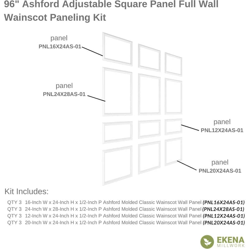 94 1/2"L Ashford Square Design Full Wall Wainscot Paneling Kit - Adjustable from Heights