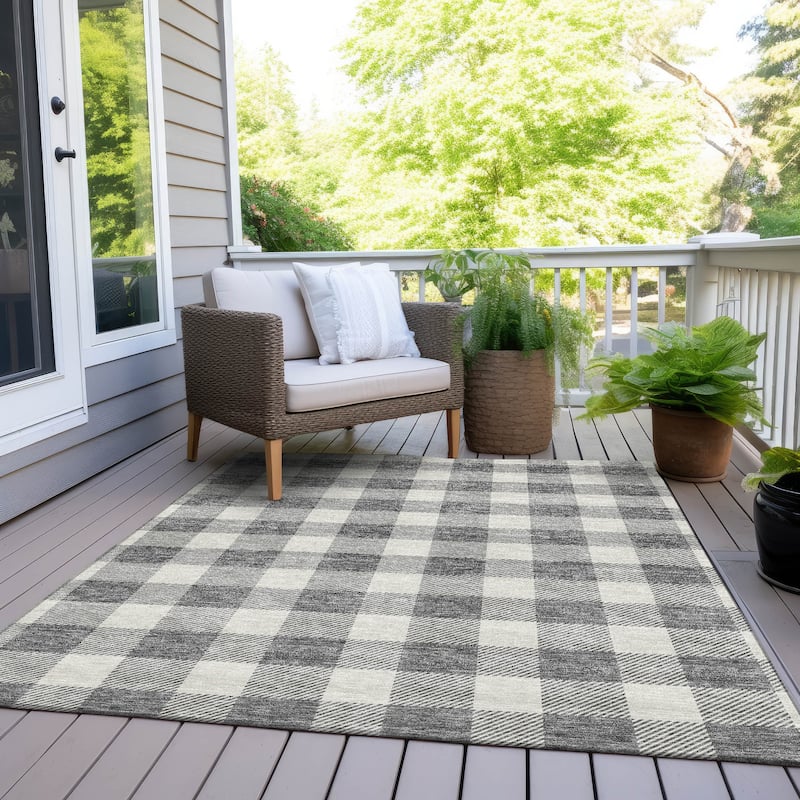 Machine Washable Indoor/ Outdoor Chantille Plaid Rug - Gray - 9' x 12'