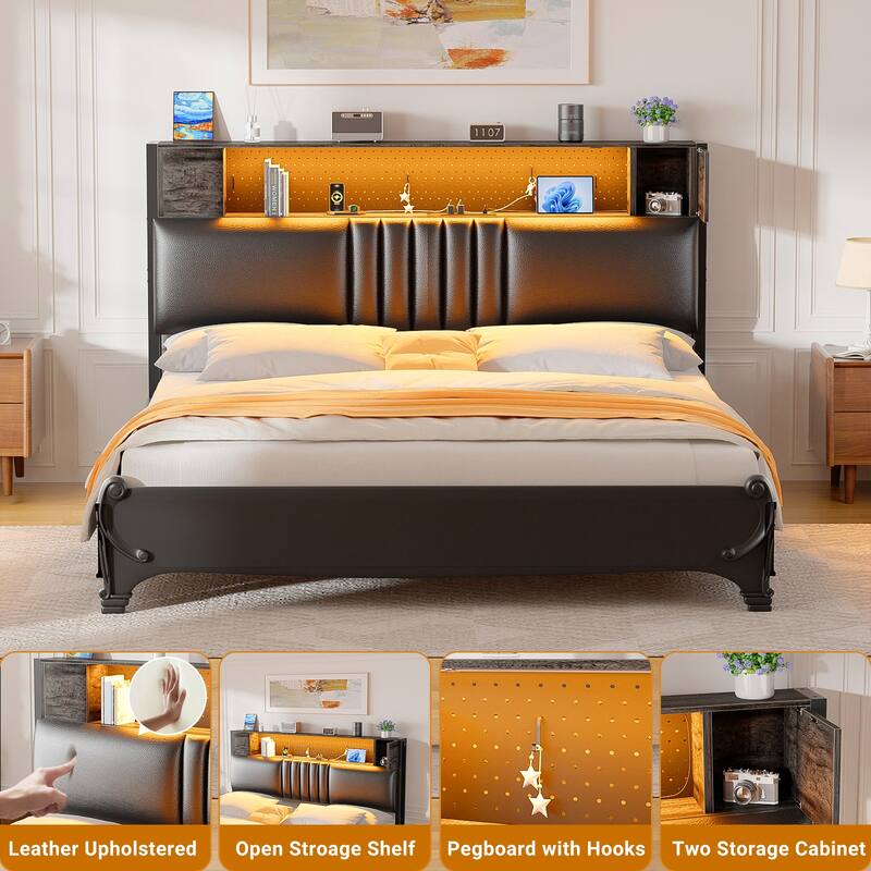 Upholstered Headboard with Storage Shelf and Small Cabinet, Headboard Power Outlet and LED Light