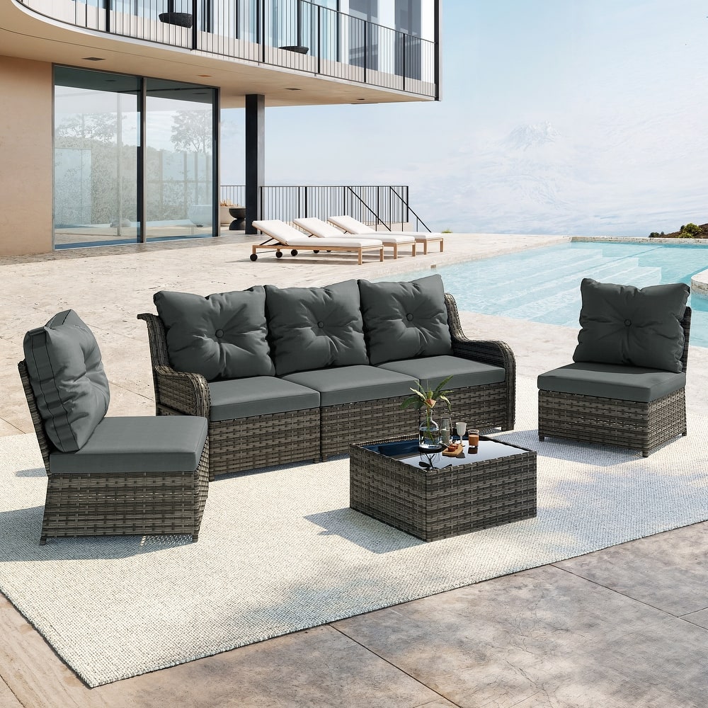 5-Person Outdoor Wicker Patio Conversation Sets with Table and Cushion
