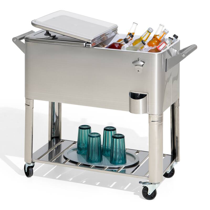 80 QT Patio Cooler Cart ,Stainless Steel Rolling Ice Chest with Steel Bottle Opener, Shelf and Lockable Wheels Sunjoy