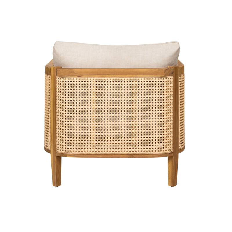 Roomfitters Kirkby Outdoor Acacia Wood Arm Chair with Wicker Back and Cushion, Teak Finish and Beige