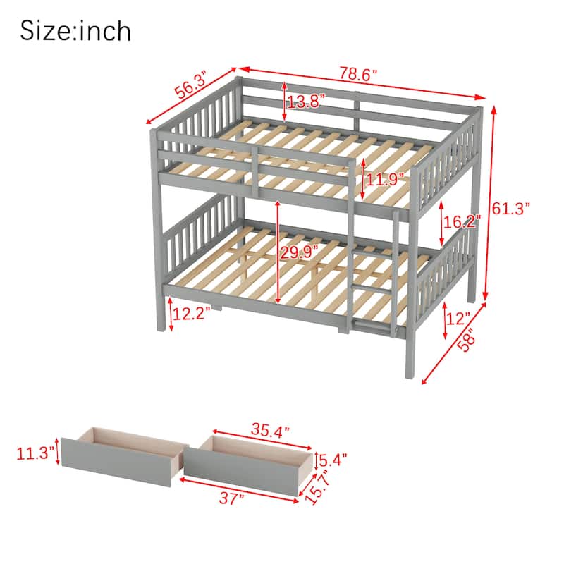 Full Over full Rubber Wood Bunk Bed with 2 Drawers, into 2 full Beds, full Size Bunk Bed with Ladder and Safety Guardrails
