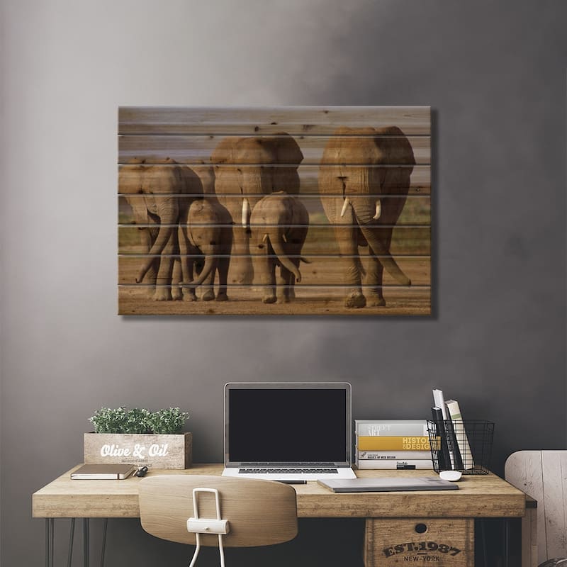 African Elephant Herd With Calves, Amboseli National Park, Kenya Print On Wood by Gerry Ellis - Multi-Color