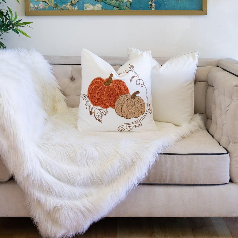Pumpkin Embroidered Cotton Throw Pillow - Autumn Harvest Accent Cushion