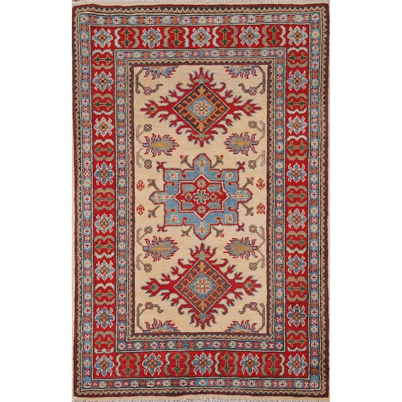 Traditional Kazak Oriental Foyer Rug Handmade Beige Wool Carpet - 3'3" x 4'11"