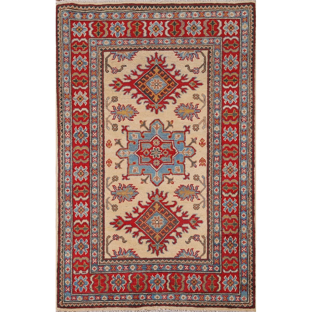 Traditional Kazak Oriental Foyer Rug Handmade Beige Wool Carpet - 3'3" x 4'11"