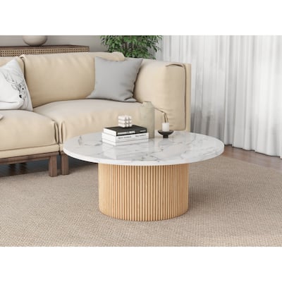 Modern Round Coffee Table with Solid Wood Fluted Design