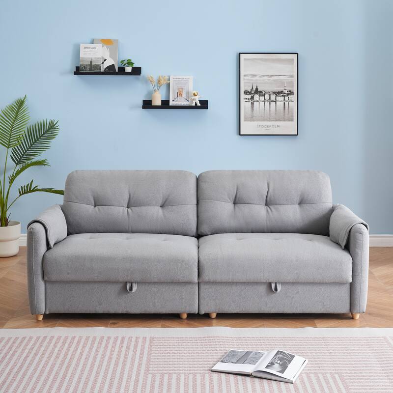 79.50 inches long, Teddy Cotton Linen Sofa Fabric, with metal conical long legs, metal strip matching, stylish and simple - Grey