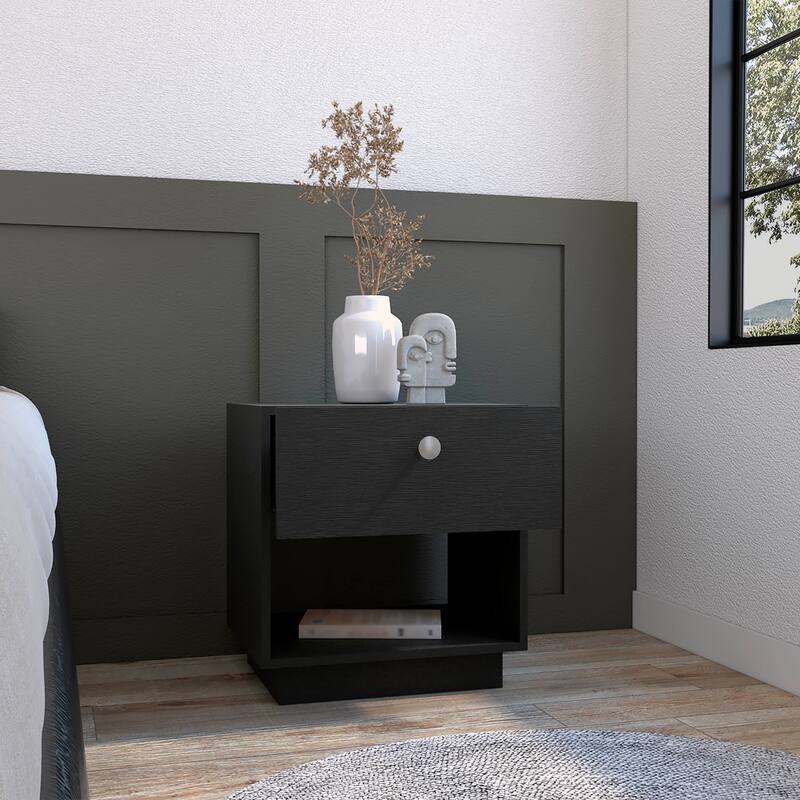Black Nightstand with Drawer and Large Open Shelf, 19"H, Ideal for Bedroom or Living Room