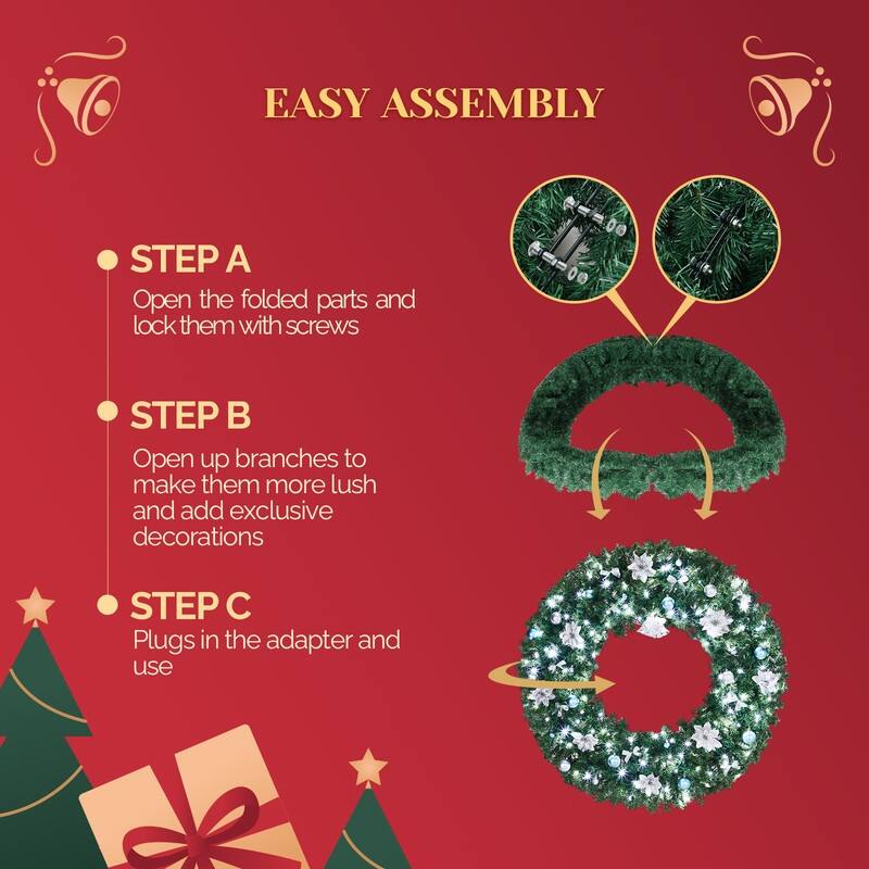 Pre-lit Christmas Wreath, Lighted Artificial Xmas Wreath with Lights and DIY Ornaments, for Xmas Party Decorations