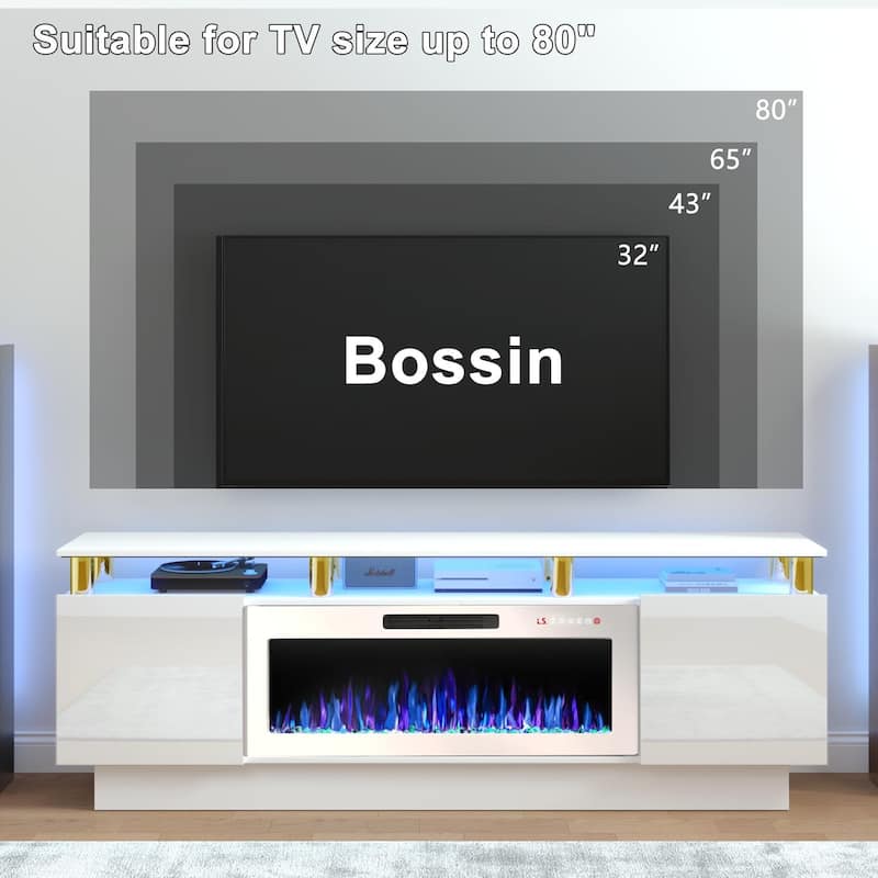 BOSSIN 70" Modern Electric Fireplace TV Stand, with Electronic Flame and LED Lights, High Gloss Finish Entertainment Center
