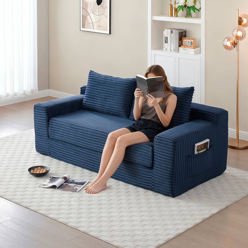 Memory Foam Cloud Loveseat Sofa, 2 in 1 Convertible Folding Couch Bed, No Assembly Compressed Corduroy Floor Lounge Sofa